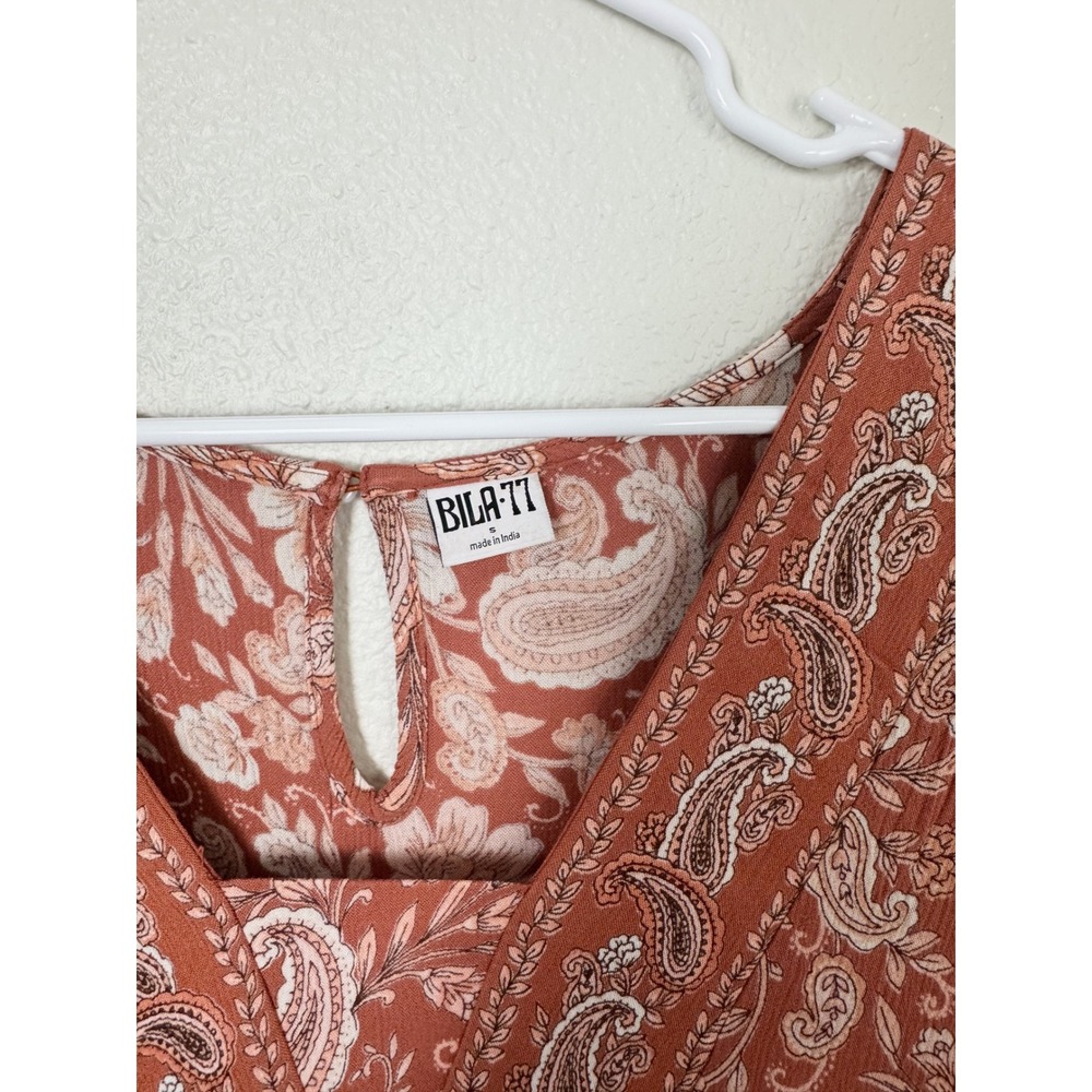 Bila 77 Terracotta Paisley Floral Tiered Boho Mini Dress Small - Picture 4 of 9